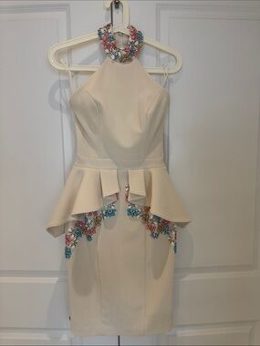 Ivory Halter Peplum Dress with Colorful Beaded Embellishments